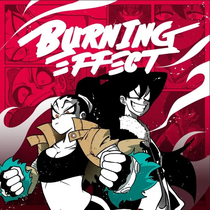 Les deux personnages principals sont mis en avant presque pas colorés. Le titre du manhwa, Burning Effect est en gros plan et derrière le titre et les personnages, il y a des panneaux du manhwa dans un fond rosé.