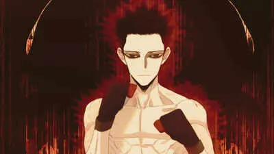 On voit Yu, le personnage principal, en position pour boxer. Ses yeux sont vides et le fond de l'image est noir avec Yu entouré de rouge.